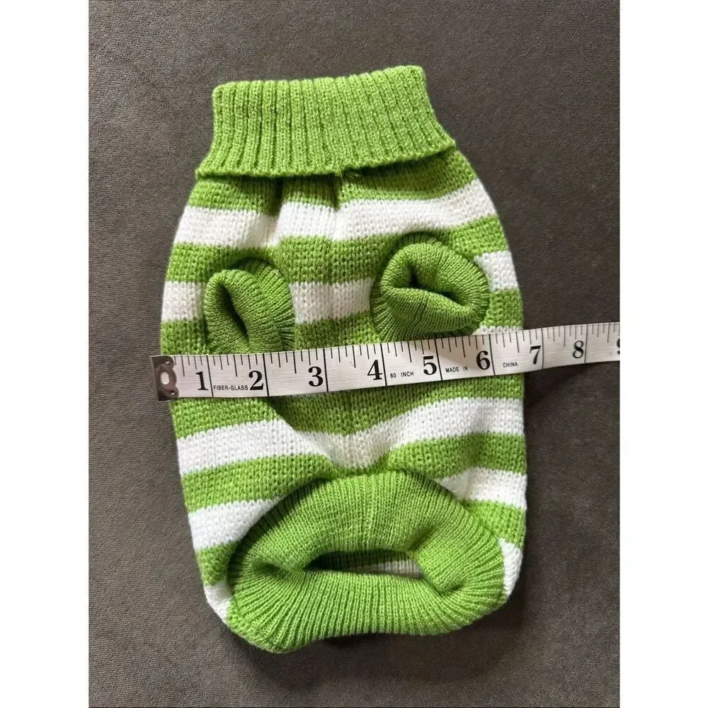 Green and White Striped Knit Pet Dog Cat Sweater Ribbed Turtle Neck Size M NEW
